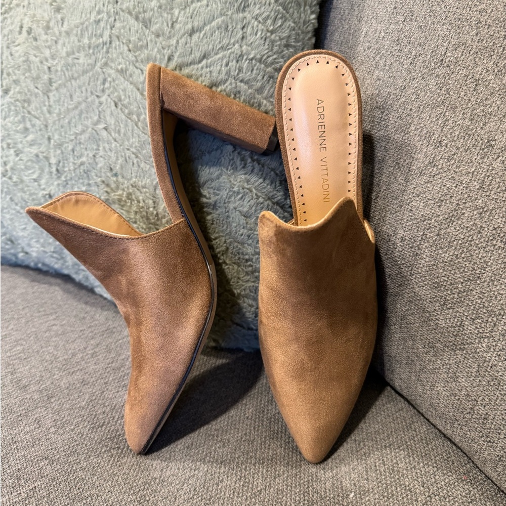 Adrienne Vittadini Brown Suede Mules with Pointed Toe
